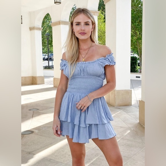 O.VIANCA blue off the shoulder ruffle bandage waist romper w/ dotted detailing‎ - Picture 3 of 12